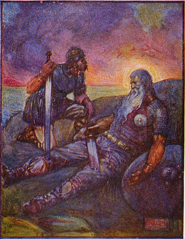 Historic illustration of Wiglaf aiding Beowulf in battle, from Stories of Beowulf